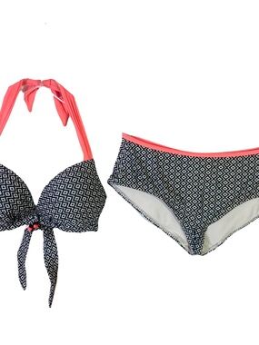 TRIBORD Bikini Set ~S Black-White Geo-Print Pink-Trim Halterneck Tassel “Bahia”